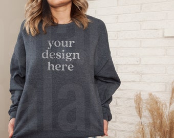 Gildan 18000 Mockup, Gildan Dark Heather Sweatshirt Mockup, Sweatshirt Mockup, Model Mockup, Lifestyle Mockup, Dark Heather Mockup
