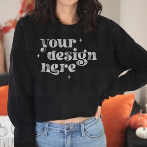 Black Bella Canvas Cropped Sweatshirt Mockup, Fall Mockup, Cropped Sweater Mockup, Bella Canvas 7503 Black Mockup, Model Mockup
