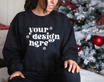 Black Gildan 18000 Christmas Mockup, Christmas Mockup, Black Gildan 18000 Mockup, Black Sweatshirt Mockup, Holiday Mockup, Model Mockup