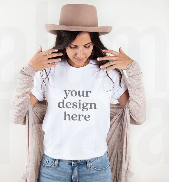 White Gildan 64000 Mockup, Gildan T-shirt Mockup, Gildan White Mockup, Model Mockup, Boho Mockup