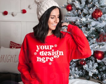 Gildan 18000 Red Mockup, Christmas Mockup, Gildan Red Sweatshirt Mockup, Model Mockup, Red 18000 Mockup, Holiday Mockup