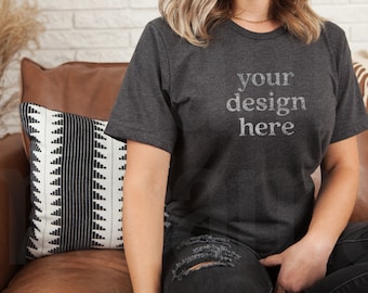 Dark Grey Heather Mockup, Model T Shirt Mockup, Heather Grey Mockup, Bella Canvas 3001, Dark Grey Heather, Dark Grey Heather 3001 Mockup