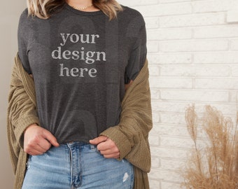 Dark Grey Heather Mockup, Model T Shirt Mockup, Heather Grey Mockup, Bella Canvas 3001, Dark Grey Heather, Dark Grey Heather 3001 Mockup