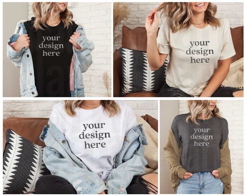 May include: Four different color t-shirts with the text "your design here" printed on the front. The t-shirts are shown on models wearing jeans and jackets.