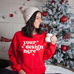 Gildan 18000 Mockup, Gildan Red Sweatshirt Mockup, Christmas Mockup, Model Mockup