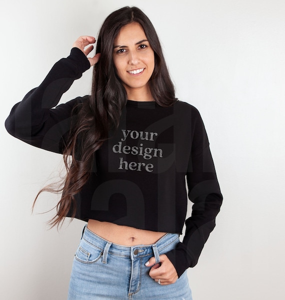 Bella Canvas 7503 Black Mockup Cropped Sweater Mockup Bella Canvas Cropped Sweatshirt Mockup Model Mockup Etsy UK