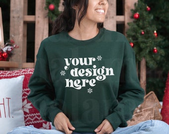 Gildan 18000 Mockup, Gildan Forest Green Sweatshirt Mockup, Christmas Mockup, Model Mockup, Cute Holiday Mockup