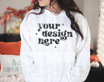 Maqueta Blanca Gildan 18500, Maqueta de Sudadera Con Hoodie, Maqueta De Otoño, Maqueta De Halloween, Maqueta de Sudadera Blanca, Maqueta De Modelo, Maqueta De Sudadera Linda