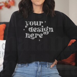Fall Mockup, Cropped Sweater Mockup, Black Bella Canvas Cropped Sweatshirt Mockup, Bella Canvas 7503 Black Mockup, Model Mockup