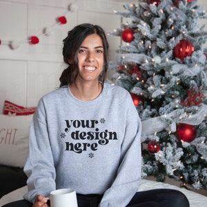 Christmas Mockup, Gildan 18000 Sport Grey Mockup, Gildan Sport Grey Sweatshirt Mockup, Model Mockup, Cute Holiday Mockup