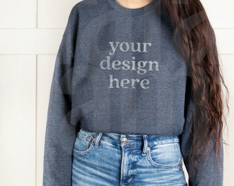 Gildan 18000 Mockup, Gildan Dark Heather Sweatshirt Mockup, Sweatshirt Mockup, Model Mockup, Lifestyle Mockup, Dark Heather Mockup