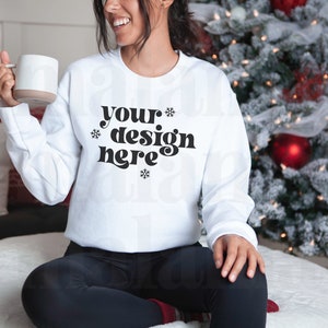 Christmas Mockup, Gildan 18000 Sweatshirt Mockup, White Sweatshirt Mockup, Model Mockup, Holiday Mockup, White 18000 Sweatshirt