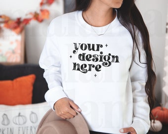 White Gildan 18000 Sweatshirt Mockup, White Sweatshirt, Heavy Blend Sweatshirt, Model Mockup, Fall Mockup, Halloween Mockup, Cute Mockup