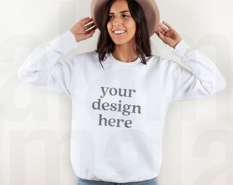 Gildan 18000 Mockup, White Gildan Sweatshirt Mockup, Gildan White Sweatshirt Mockup, Sweatshirt Model Mockup, Lifestyle Mockup