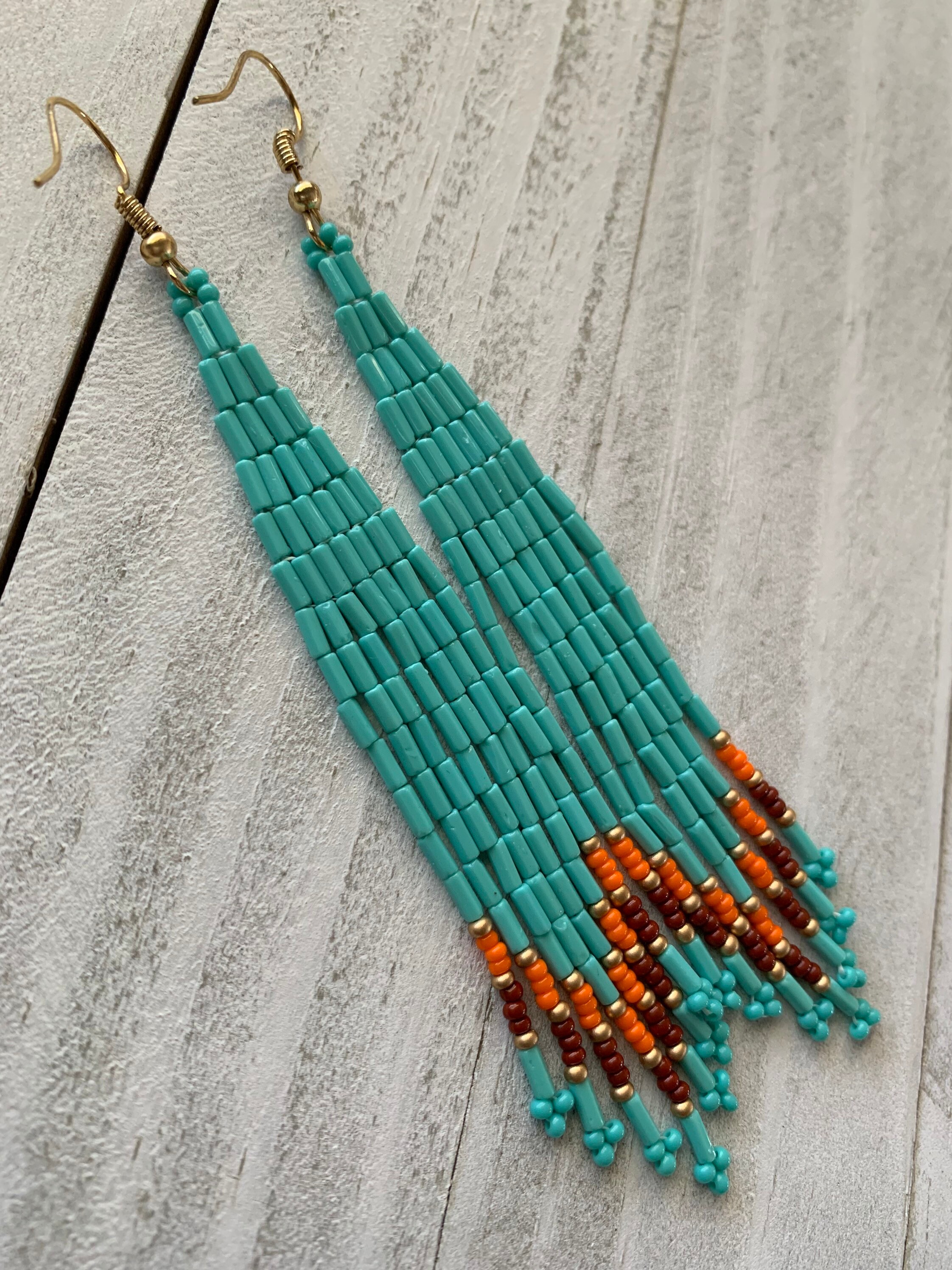 Beaded fringe earrings bugle beads native made turquoise Etsy