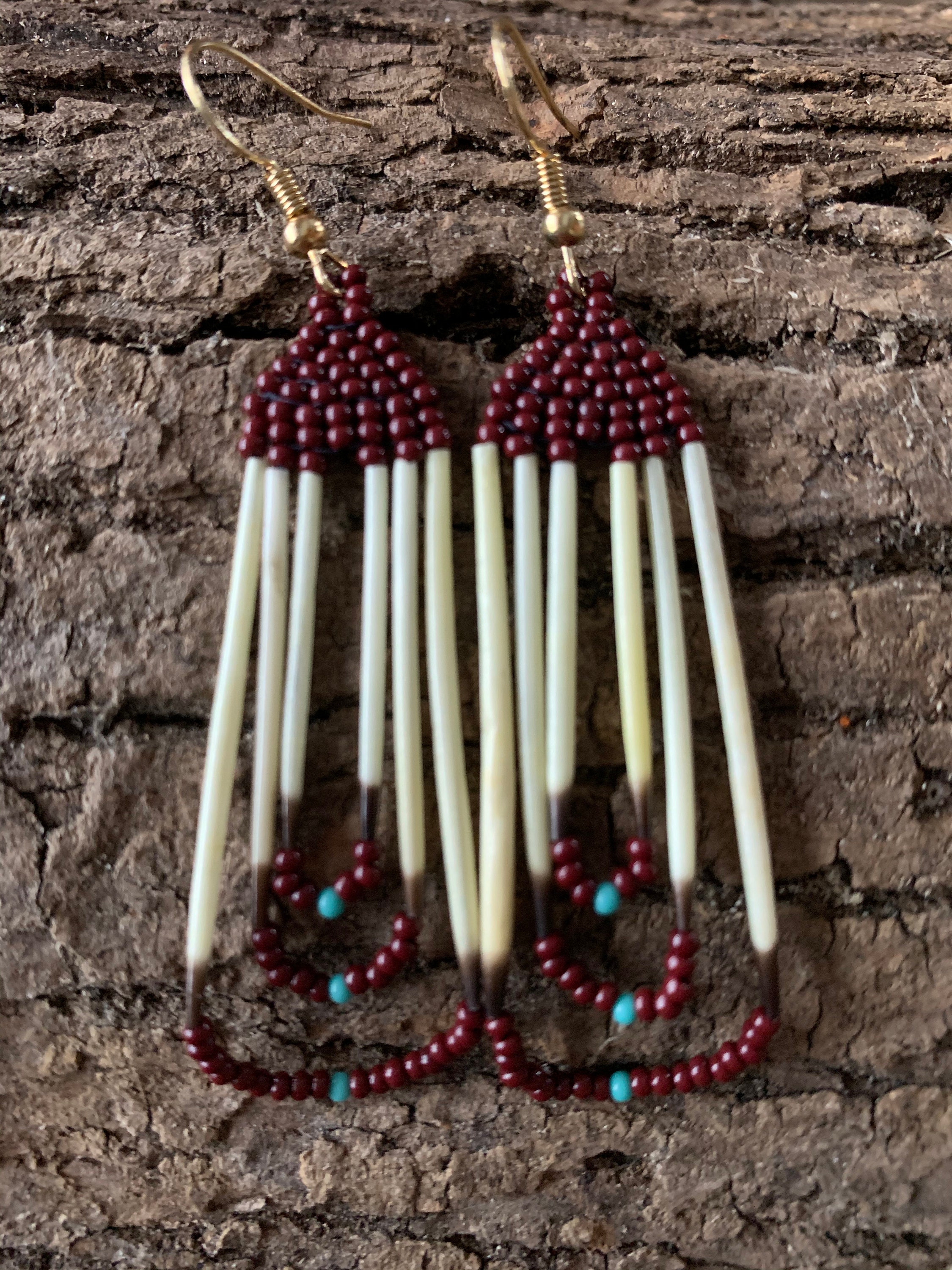 Porcupine quill earrings beaded fringe earrings native made Etsy