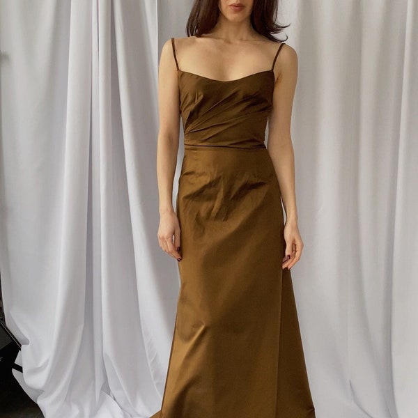 90s vintage MARC CAIN sz XS/S long chocolate brown laced up back ball gown, 1990s Maxi minimalist corset evening dress, Bronze taffeta dress