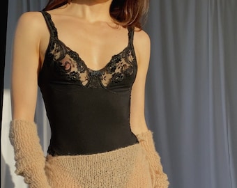 1980s Vintage LA PERLA Malizia XS/S size lingerie bodysuit, 80s black viscose blend and lace cups tank body, Stretchy designer teddy small