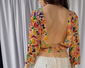 Vintage anni '90 OZBEK puro burnout SILK chiffon aperto sul retro o davanti camicetta semi-trasparente, anni '90 vedere attraverso top estivo colorato, camicia trasparente