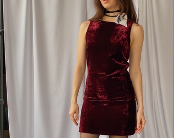 90s Vintage VERSACE Jeans Couture mini burgundy velvet dress XS/XXS size, 1990s Gianni Versace wine red velour short party dress small