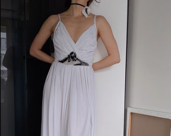 Vintage M/L 1970s does 1940s embellished grecian style draped long designer evening gown, 70s open back old Hollywood style formal dress