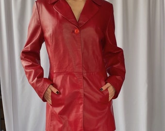 1990s vintage Small genuine leather trench coat with detachable insulation lining, 90s Crimson red minimalist shiny leather jacket S