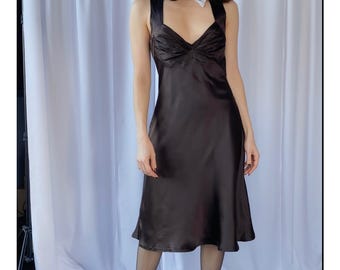 S/M size Y2K Vintage CALVIN KLEIN silk bustier slip dress, Early 00s chocolate brown satin dress, 2000S minimalist designer cocktail dress