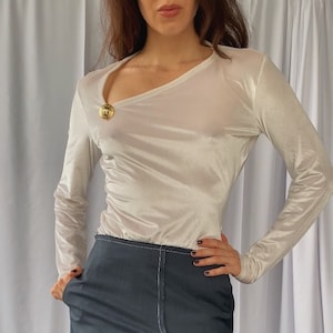 90s Vintage VERSACE Versus rare long sleeve velvet bodysuit with iconic gold round lion pin size M, 1990s cutout top by Gianni Versace