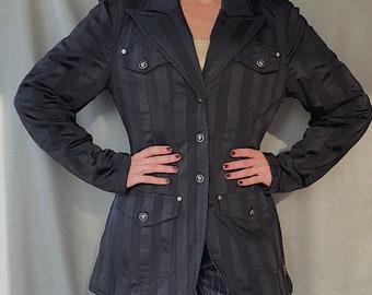 90s Vintage VERSACE Jeans Couture quilted striped jacket S, Accented waist Medusa head buttons warm coat, 1990s shiny satin stripes overcoat