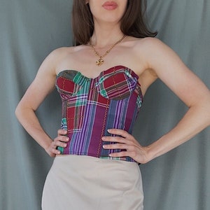 1980s/90s vintage CHANTAL THOMASS cotton tartan corset top S/M, 90s colourful check print cupped bustier, Bright pin up style boned top image 2