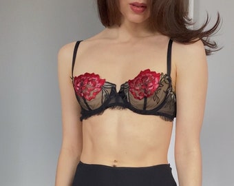 Rare 1990s Vintage SIMONE PERELE 75B/34B sheer black bra with red floral embroidery, 90s mesh French dramatic rose embroidery decorated bra