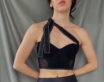 Handmade designer &quot;Black swan&quot; bustier 75B/34B, Upcycled corset top with long bow tie straps, Sustainable fashion transformer lace bustier
