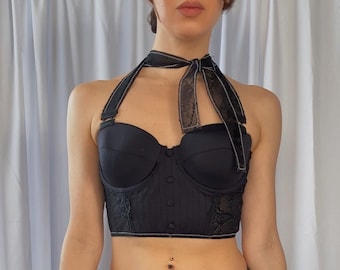 Handmade designer &quot;Black swan&quot; bustier 80B/36B, Upcycled corset top with long bow tie straps, Sustainable fashion transformer lace bustier
