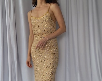 Vintage 1990s HEAVILY BEADED with sequins gold colour sparkling evening dress, Shiny sequinned spaghetti strap 90s slip formal gown