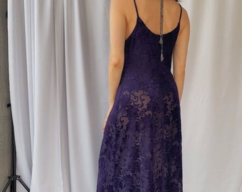 70s vintage plum colour burnout velvet semi sheer bottom slip dress XS-M, 1970s victorian pattern evening gown, Spaghetti strap maxi dress