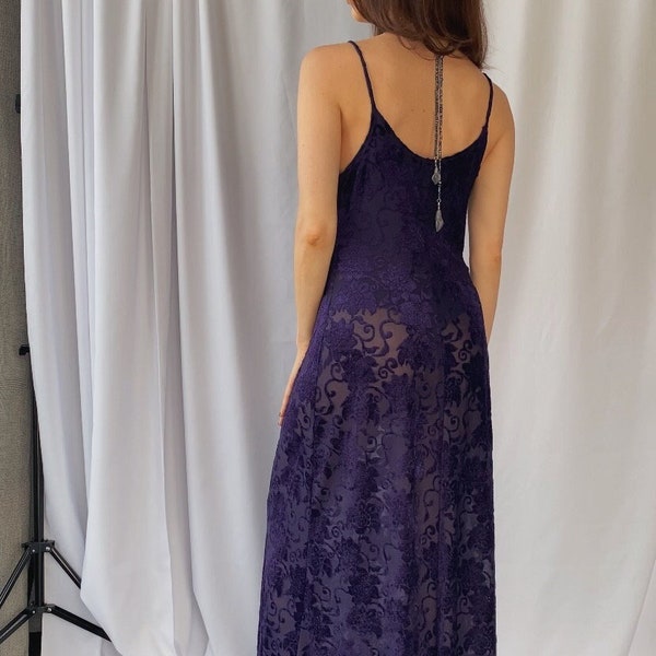 70s vintage plum colour burnout velvet semi sheer bottom slip dress XS-M, 1970s victorian pattern evening gown, Spaghetti strap maxi dress