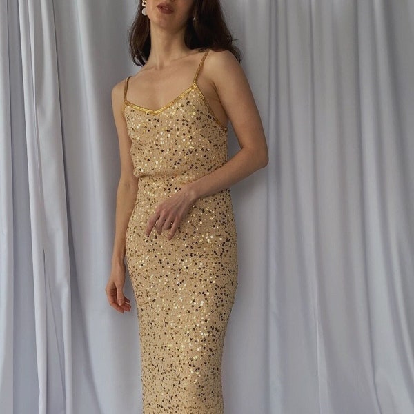 Vintage 1990s HEAVILY BEADED with sequins gold colour sparkling evening dress, Shiny sequinned spaghetti strap 90s slip formal gown