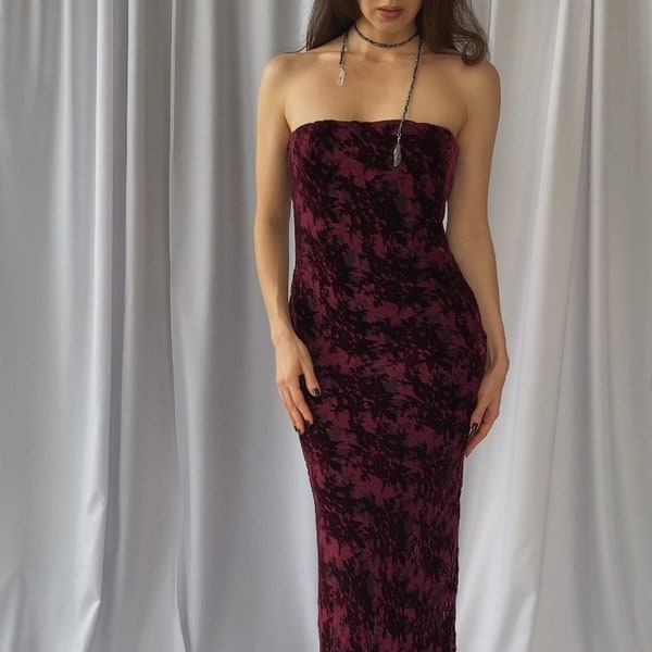 90s vintage long SILK & viscose strapless tube dress S/M/L, Maxi bright devore cocktail gown, 1990s burnout silk velvet evening dress