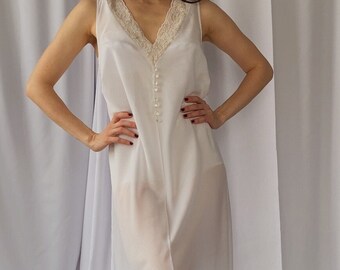 1980s Vintage see through M/L maxi slip dress, 80s long romantic chemise decorated with lace, Sheer sleeping gown, Transparent nightdress