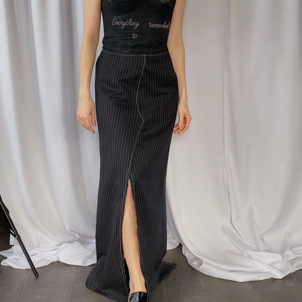 Repurposed designer hand made maxi pinstripe skirt upcycled from vintage trousers, size S, Deconstructed high slit suitting long skirt small