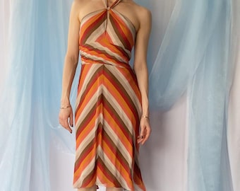 size XS BCBG Max Azria y2k vintage silk chiffon dress, Striped open back midi