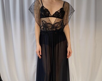 Rare year 1973 vintage LA PERLA Marvel maxi lace and nylon sheer night gown, 70s long slip dress, 1970s Italian designer boudoir dress