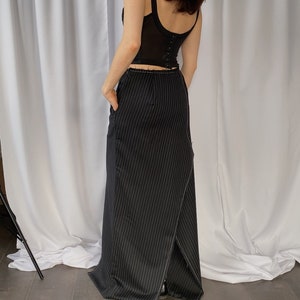 Repurposed designer hand made maxi pinstripe skirt upcycled from vintage trousers, size S, Deconstructed high slit suitting long skirt small image 3