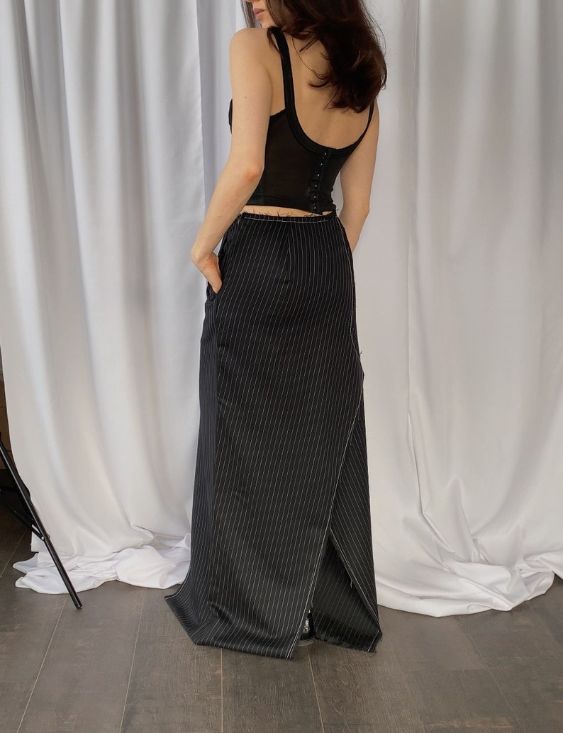 Repurposed designer hand made maxi pinstripe skirt upcycled from vintage trousers, size S, Deconstructed high slit suitting long skirt small image 3