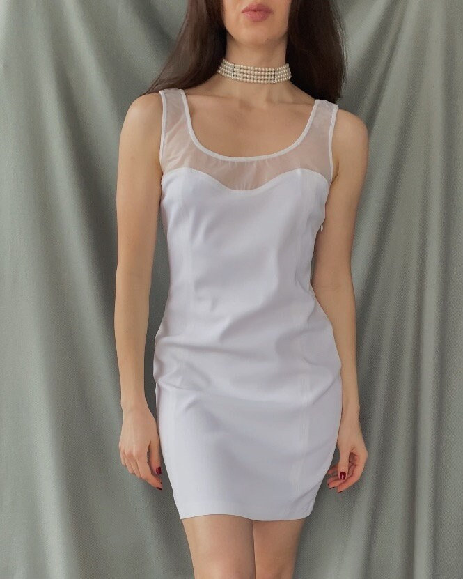 90s Vintage VERSACE Jeans Couture by Gianni Versace iconic mini dress with sheer plastic décolletage XS size, 1990s Bodycon short tank dress