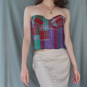 1980s/90s vintage CHANTAL THOMASS cotton tartan corset top S/M, 90s colourful check print cupped bustier, Bright pin up style boned top image 3