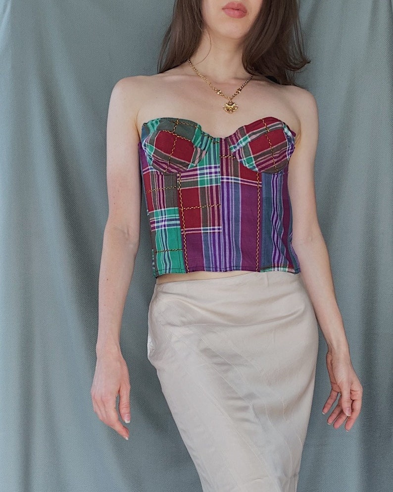 1980s/90s vintage CHANTAL THOMASS cotton tartan corset top S/M, 90s colourful check print cupped bustier, Bright pin up style boned top image 3