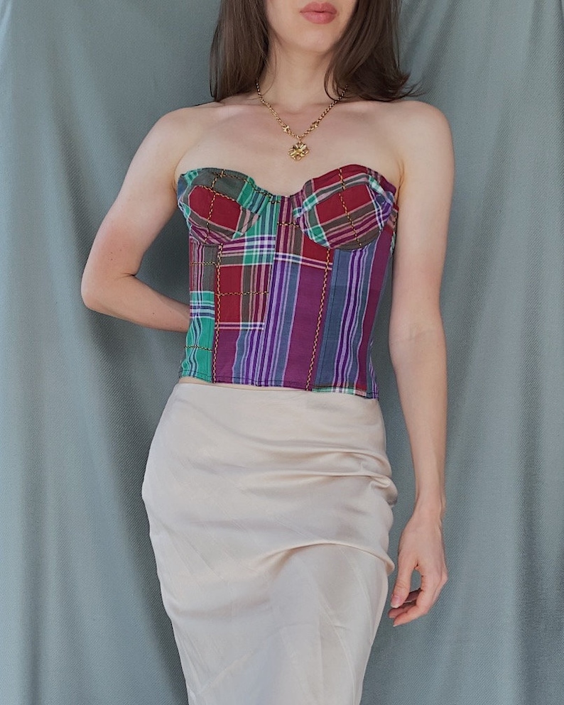 1980s/90s vintage CHANTAL THOMASS cotton tartan corset top S/M, 90s colourful check print cupped bustier, Bright pin up style boned top image 4