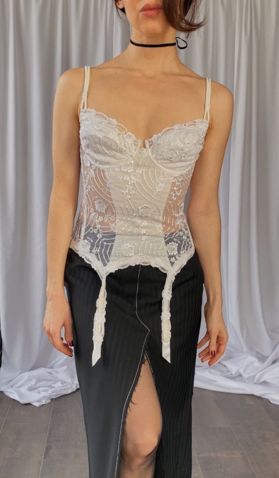 80s/90s Vintage LA PERLA white lace cupped corset… - image 1