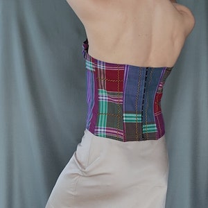 1980s/90s vintage CHANTAL THOMASS cotton tartan corset top S/M, 90s colourful check print cupped bustier, Bright pin up style boned top image 5